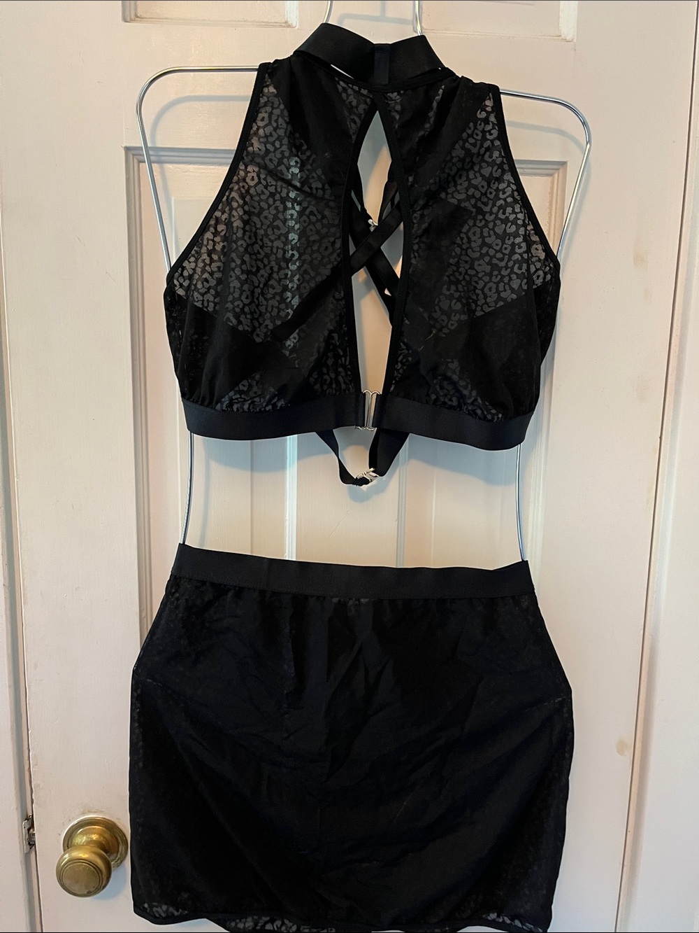 Black Lace Halter Chemise Set with Crisscross Back
